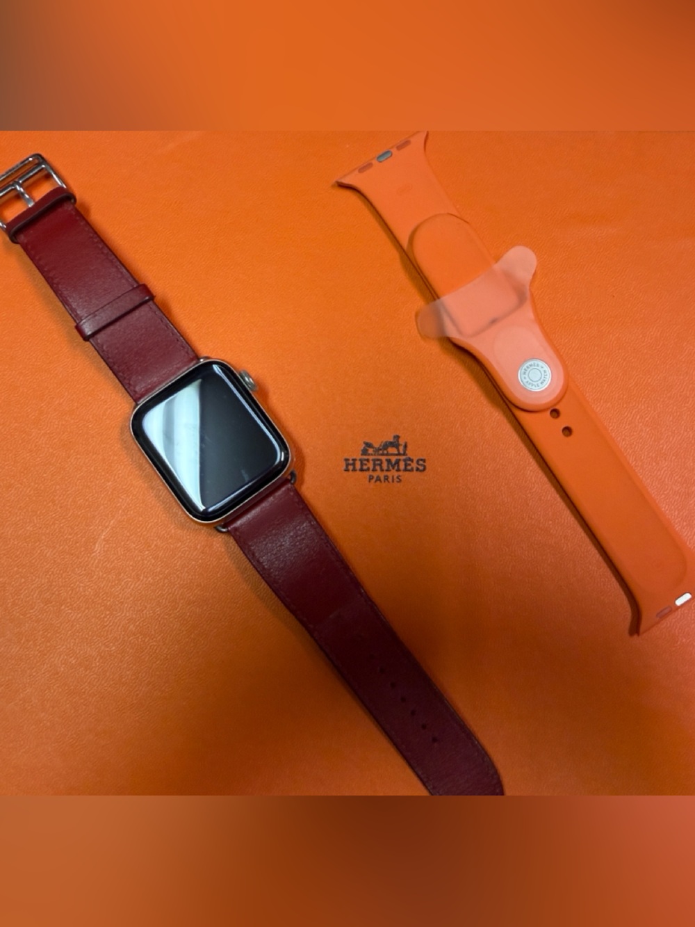 Hermes Paris Red Leather & Orange Silicone Smartwatch Band Set firm price